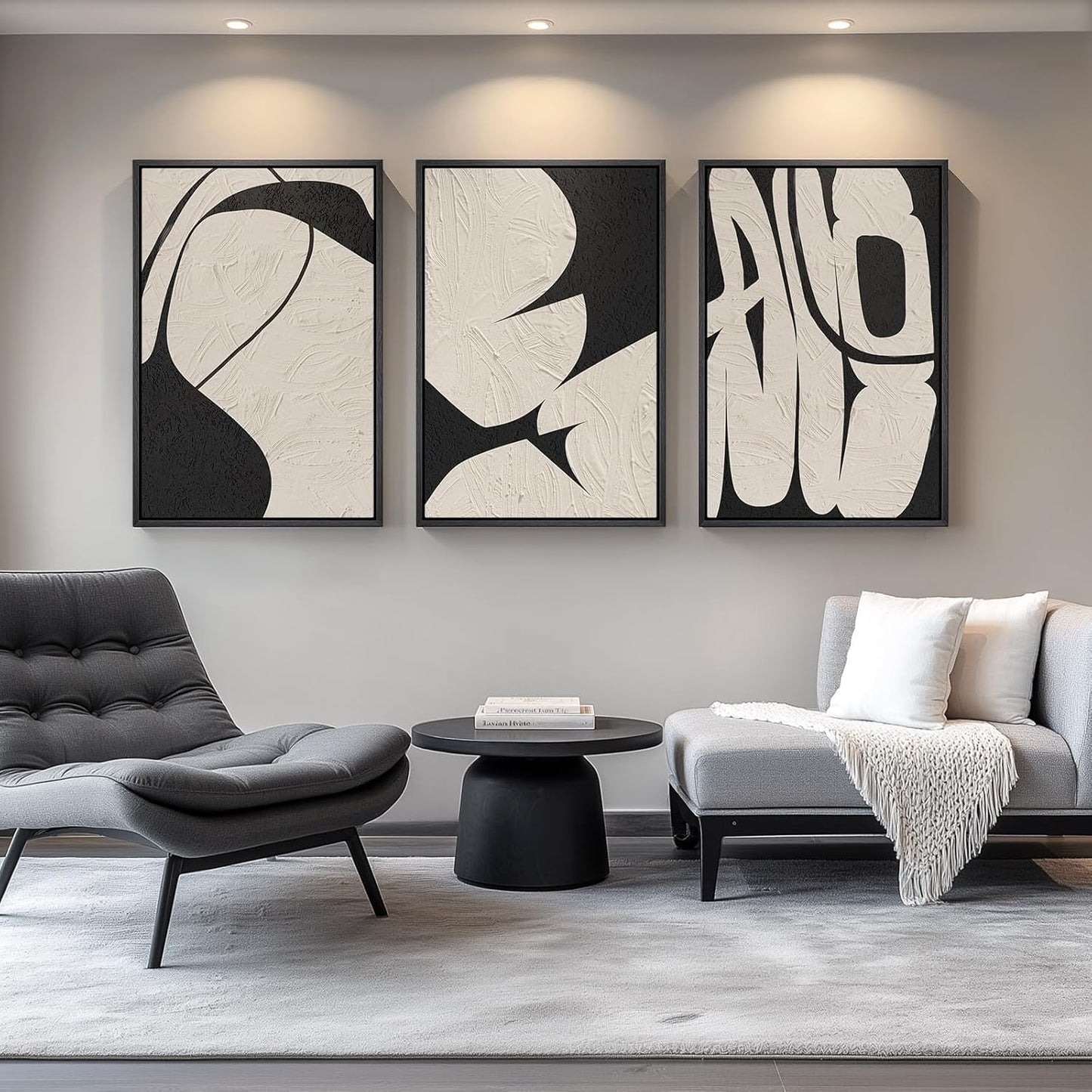Large Framed Neutral Abstract Wall Art for Living Room, 3 Piece Modern Canvas Prints Paintings Artwork for Walls, Black and Beige Pictures for Living Room Hallway Stair Office Wall Decor 24x36 Inch