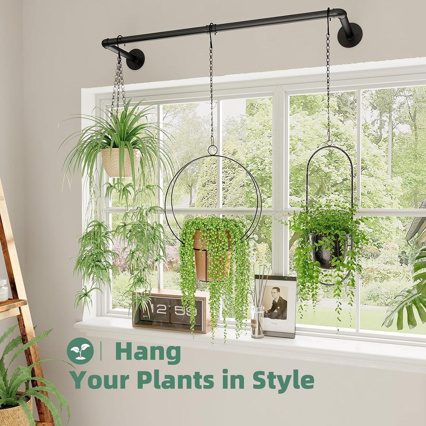 Galood Plant Hanger Indoor with 6 Hanging Chains Hanging Planters for Indoor Plants Hanging Plant Holder Window Plants Rod Black Metal Shelves(70.8 Inch Pot not Included