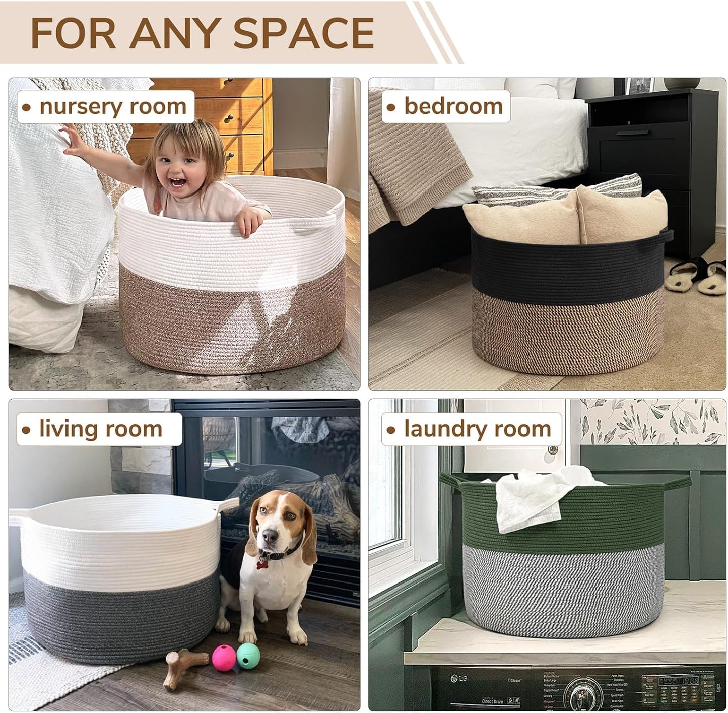 INDRESSME XXXLarge Blanket Basket for Living Room 21.7" x 21.7" x 13.8"-Storage Basket with Handle for Organizing Toy Pillows Woven Cotton Rope Laundry Basket Stuffed Animal Toy Storage for Play Room