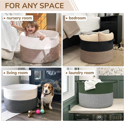 INDRESSME XXXLarge Blanket Basket for Living Room 21.7" x 21.7" x 13.8"-Storage Basket with Handle for Organizing Toy Pillows Woven Cotton Rope Laundry Basket Stuffed Animal Toy Storage for Play Room