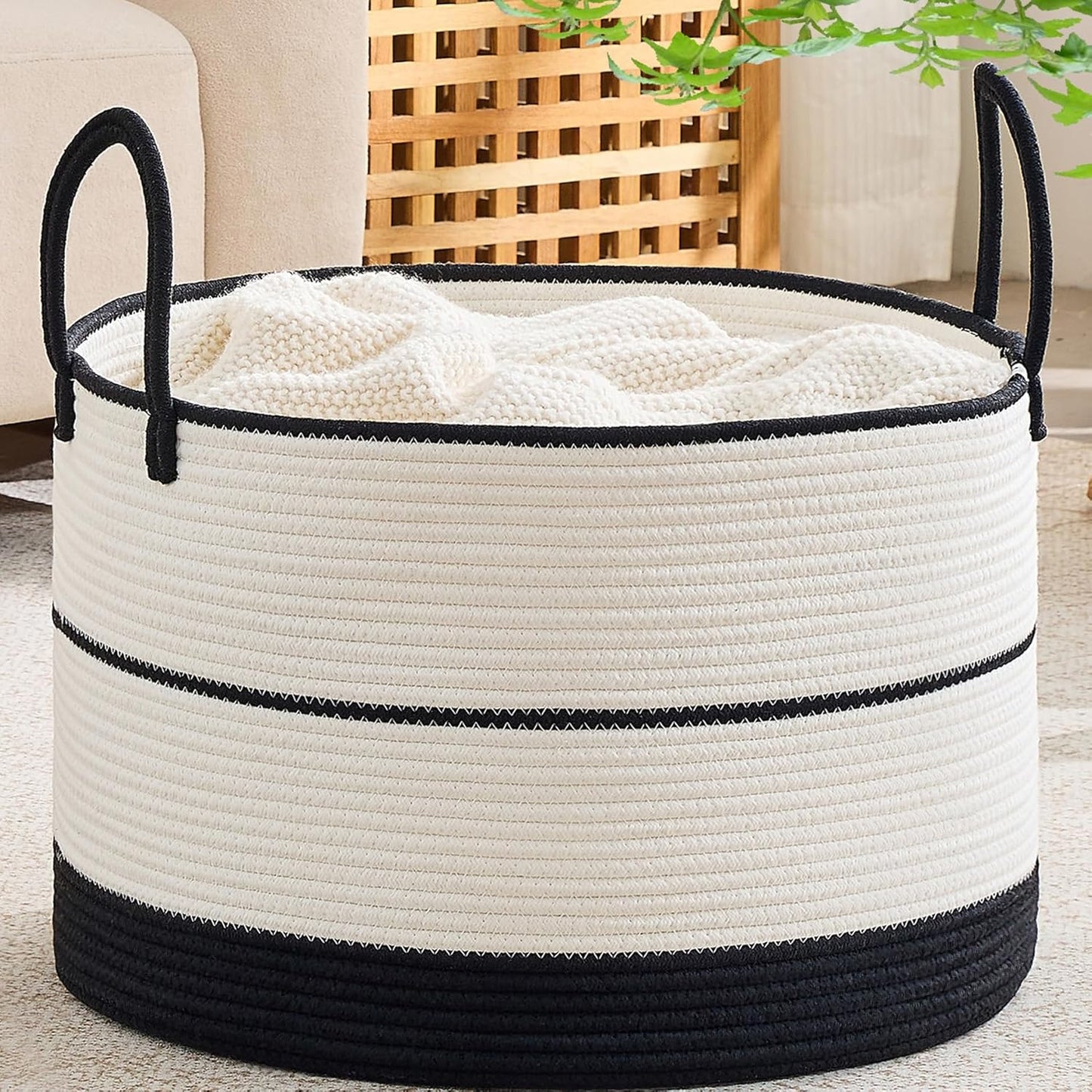 KAKAMAY Large Blanket Basket (20"x13"),Woven Baskets for storage Baby Laundry Hamper, Cotton Rope Blanket Basket for Living Room, Laundry, Nursery, Pillows, Baby Toy chest (White/Brown)