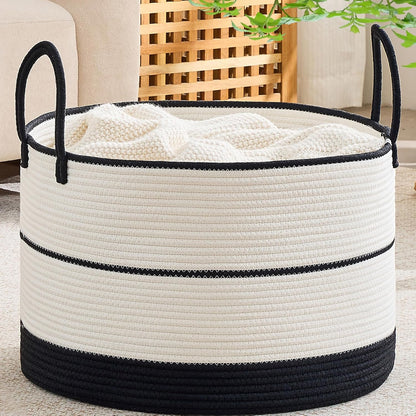 KAKAMAY Large Blanket Basket (20"x13"),Woven Baskets for storage Baby Laundry Hamper, Cotton Rope Blanket Basket for Living Room, Laundry, Nursery, Pillows, Baby Toy chest (White/Brown)