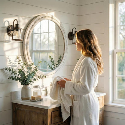 30" Round Solid Wood Mirror for Bathroom Vanity, Handcrafted Beaded Circle Wall Mirror - Natural Boho Farmhouse Decor for Entryway & Bedroom