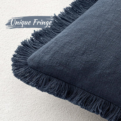 MIULEE Decorative Throw Pillow Covers Neutral Linen Fringe Throw Pillows Set of 2 Natural Beige Boho Farmhouse Cushion Covers with Tassels for Couch Sofa Bed Spring Home Decor 20x20 Inch