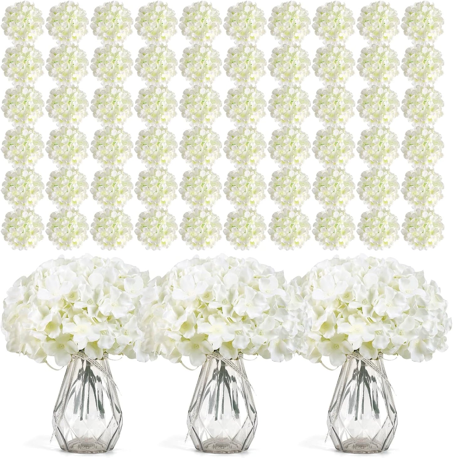 Auihiay 64 PCS Artificial Hydrangea Flowers, Silk Hydrangea Full Flowers Heads with Stems for Wedding Centerpieces, Home, Garden, Baby Shower, Party Decoration (Ivory)