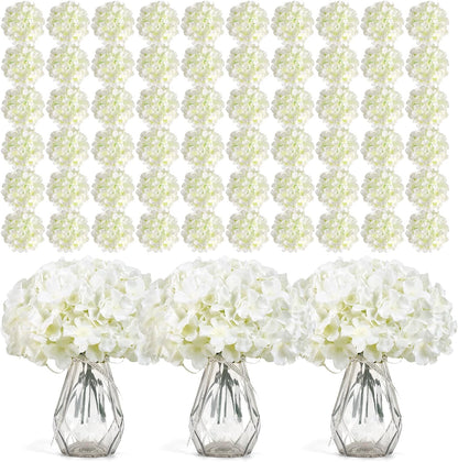 Auihiay 64 PCS Artificial Hydrangea Flowers, Silk Hydrangea Full Flowers Heads with Stems for Wedding Centerpieces, Home, Garden, Baby Shower, Party Decoration (Ivory)