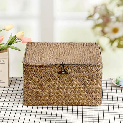 Hipiwe Seagrass Basket with Lid Wicker Storage Basket Square Handwoven Decorative Baskets Box for Shelf Multipurpose Household Baskets Home Decor,X-small