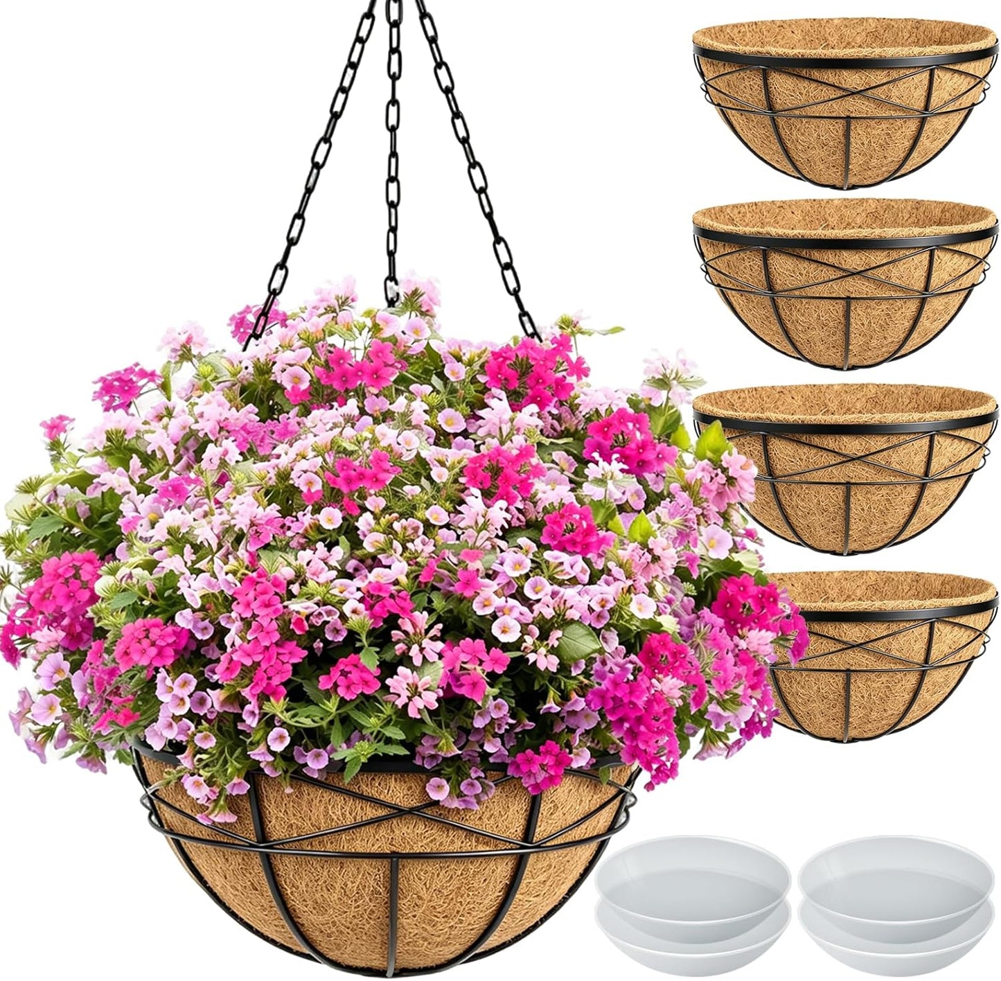 4 Pack 12 Inch Hanging Planters for Outdoor Plants Metal Watering Flower Baskets with Coco Liner for Outside Panting Plant Holder Pot for Home Garden Porch Balcony Railings Decor
