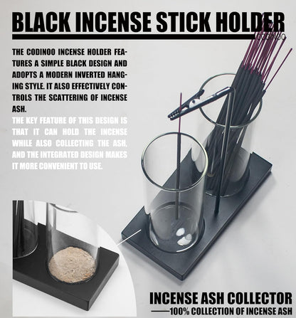 2 in 1 Incense Burner Holder for Sticks,Glass Incense Holder with Storage,Upside Down Incense Holder for Sticks with Glass Ash Catcher for Meditation Yoga Spa Room Home Decor[Full Black]
