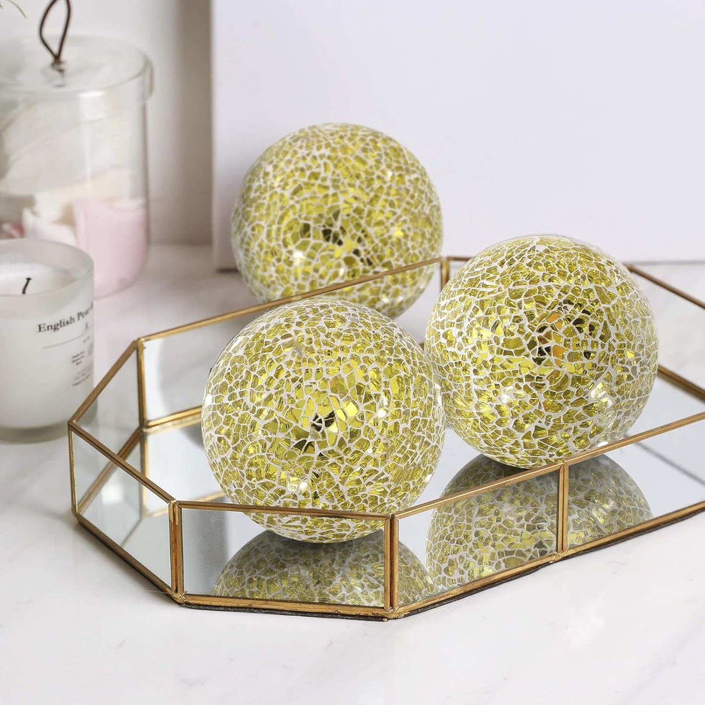 3Pcs Mosaic Glass Orbs Decorative Balls Set 8.5cm/3.35inch Blue Sphere Wedding Party Home Decor Table Centerpiece