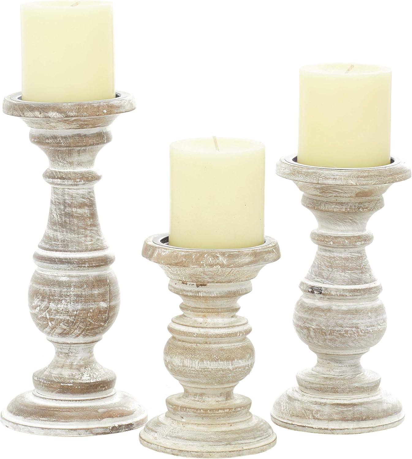 Deco 79 Mango Wood Decorative Candle Holder Distressed Turned Pillar Candle Stand, Set of 3 Candlestick Holder 6", 8", 10"H, Light Blue
