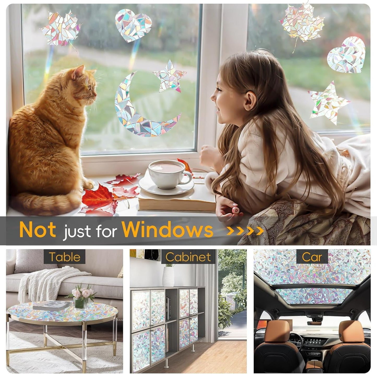 Dwersty Rainbow Window Privacy Film with Cutting Reference Line, 3D Decals Stained Glass Clings, Static Cling Sticker, Suncatcher Windows Cover Tint for Home, 17.5 Inch x 78.74 Inch