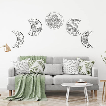 Jetec 5 Pcs Moon Phase Wall Art Decor Wall Pediments Hanging Wooden Phase Spiritual Bedroom Nordic Boho Lunar Aesthetic Art for Living Room Dorm Apartment Ornament(Brown,10.6 Inch,Botanical)