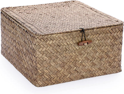 Hipiwe Seagrass Basket with Lid Wicker Storage Basket Square Handwoven Decorative Baskets Box for Shelf Multipurpose Household Baskets Home Decor,X-small