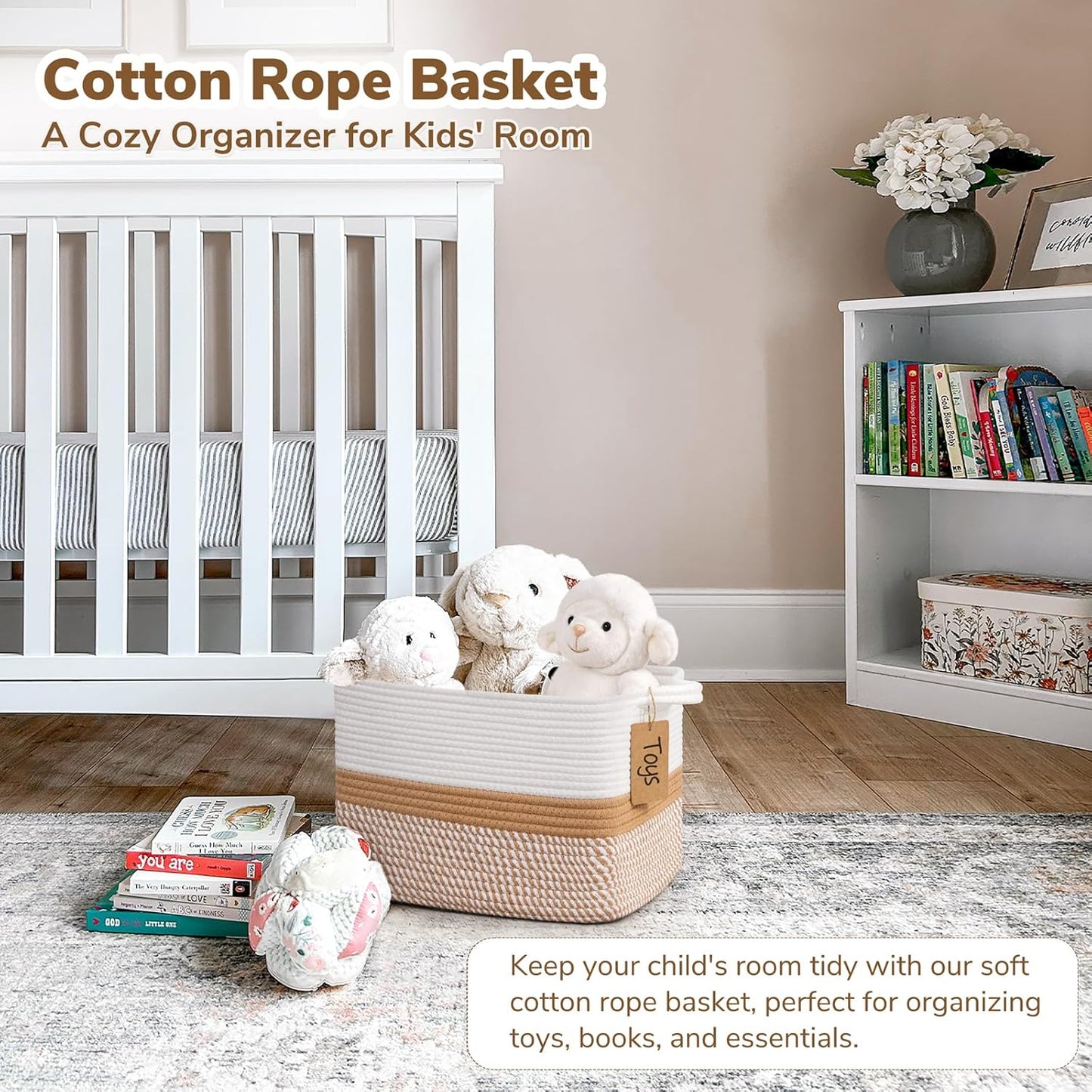 Goodpick Woven Storage Basket, Cotton Rope Basket for Dog Toys, Books, Stylish Gift Basket with Handles, 13 x 10 x 9 Inches Square Baskets for Organizing, Brown and White