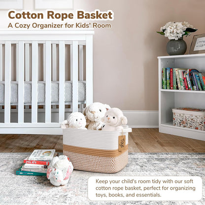 Goodpick Woven Storage Basket, Cotton Rope Basket for Dog Toys, Books, Stylish Gift Basket with Handles, 13 x 10 x 9 Inches Square Baskets for Organizing, Brown and White