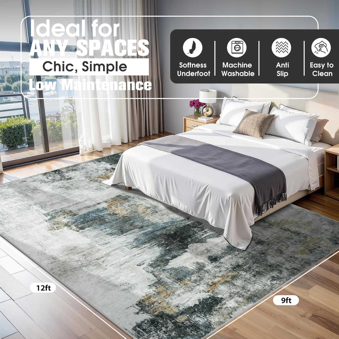 8x10 Area Rugs for Living Room Rug Washable: Abstract Large Rug for Dining Room Bedroom Carpet Non Slip 8 by 10 Indoor Modern Nursery Home Office Blue Grey