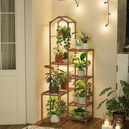 Bamworld Plant Stand Indoor with Grow Lights Wood Plant Shelf for Hanging Planter Pots Display Flower Stand for Living Room Patio Garden Decor