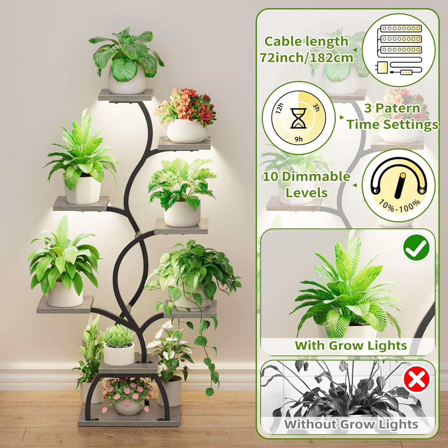 EVAWOO Plant Stand Indoor with Grow Light - 8 Tiered Plant Shelf Indoor, Corner Plant Stand, 49" Tall Plant Shelf with Lights for Indoor Growing, Lighted Flower Holder for Living Room, Balcony, Black