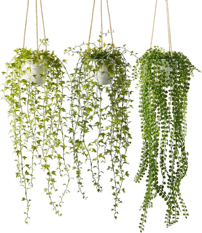 3 Packs Fake Hanging Plants with Black Pots, 20" Artificial Hanging Plants for Wall Decor, Fake Fern Plants Mandala Vine for Home Bathroom Bedroom Kitchen Office Room Decor