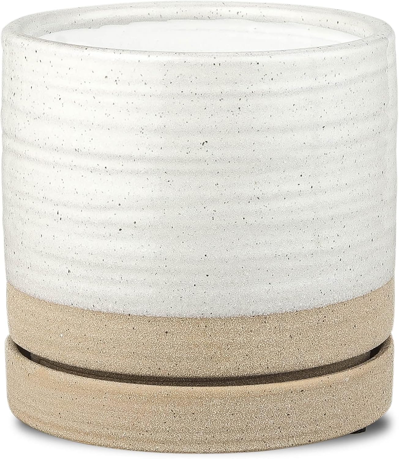 HERDUK 6 Inch Plant Pots, Ceramic Planter Pot with Drainage Hole & Saucer, Indoor/Outdoor Cylinder Round Planter Pot, Green & Beige