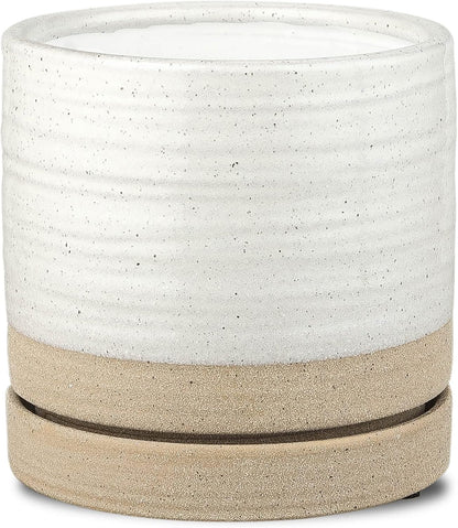 HERDUK 6 Inch Plant Pots, Ceramic Planter Pot with Drainage Hole & Saucer, Indoor/Outdoor Cylinder Round Planter Pot, Green & Beige