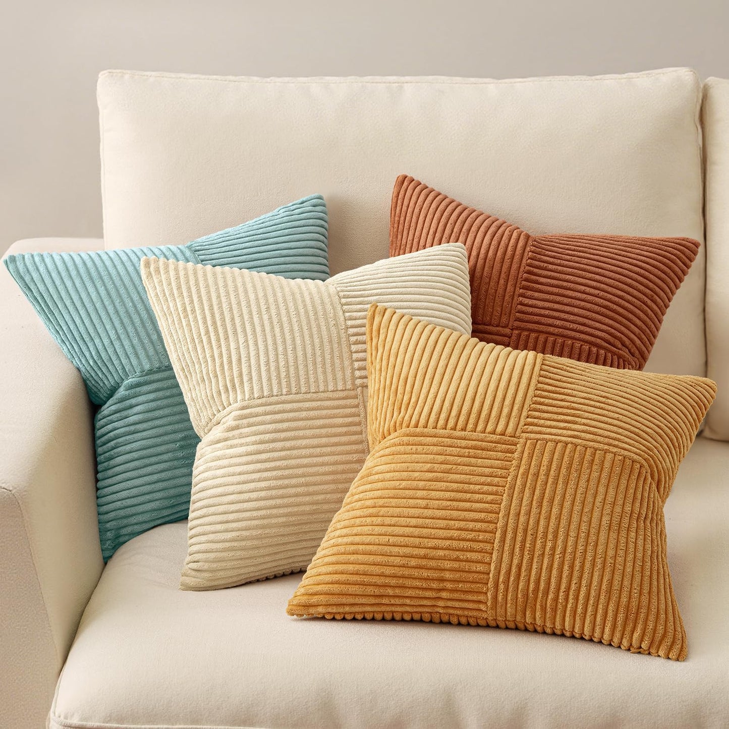 MIULEE Teal Orange Decorative Throw Pillow Covers 18x18 Inch Set of 4 Boho Corduroy Striped Cushion Cases Modern Farmhouse Patchwork Pillow Cases for Couch Sofa Bedroom Home Decor