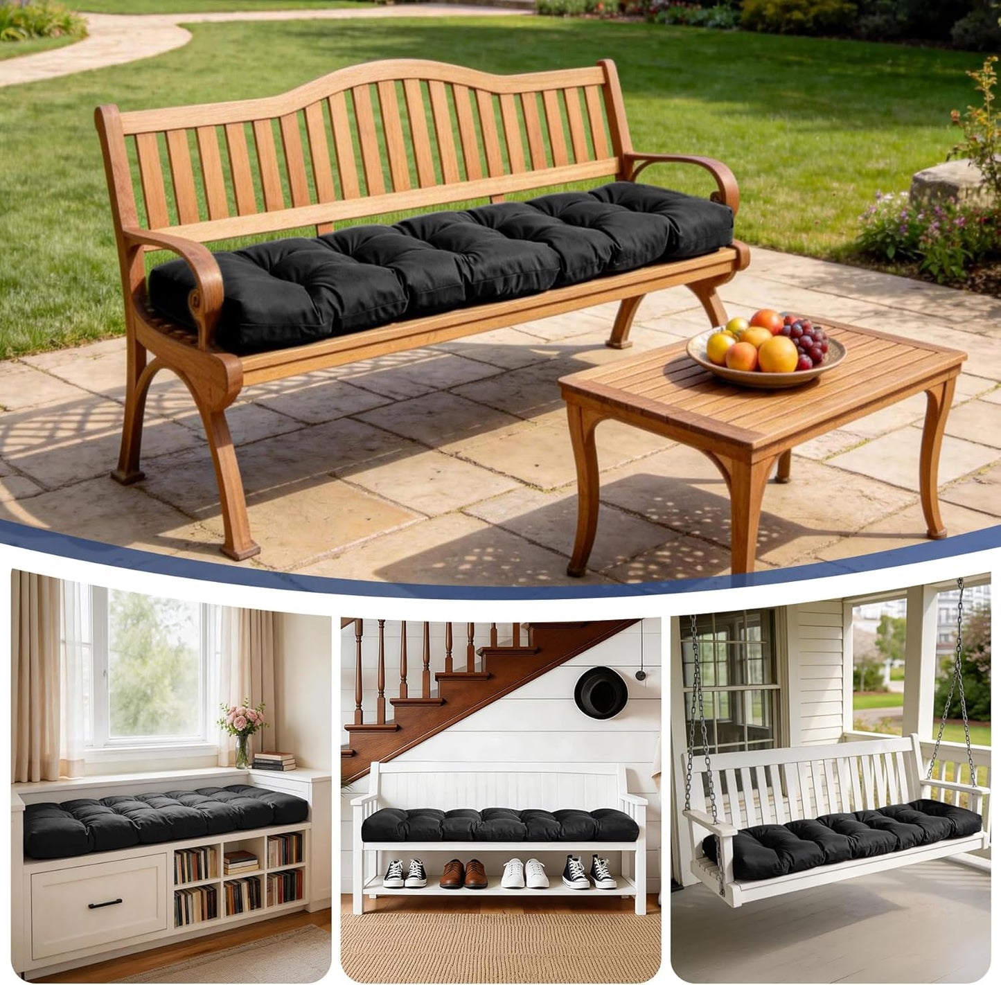 IASEAHK Outdoor Bench Cushion 48x18x5 Inch, Waterproof & Fade-Resistant Patio Furniture Cushions, Tufted Memory Foam Indoor/Outdoor Cushions for Couch Swing with Non-Slip Backing & Straps, Dark Grey