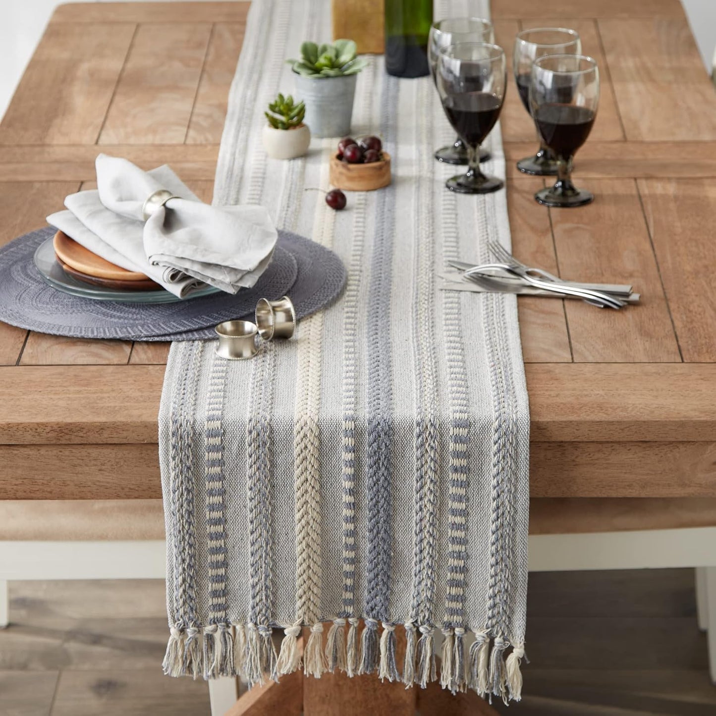 DII Farmhouse Braided Stripe Table Runner Collection, 15x72 (15x77, Fringe Included), Black