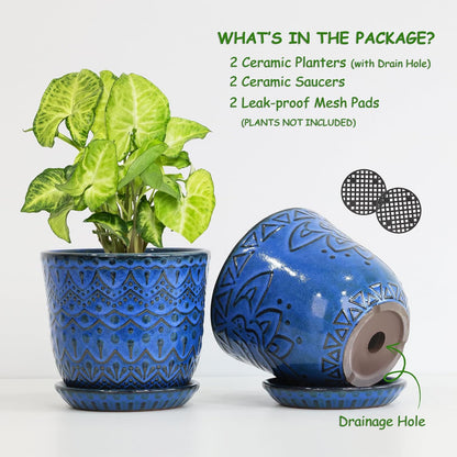 Gepege 6 Inch Beaded Ceramic Planter Set of 2 with Drainage Hole and Saucer for Plants, Indoor-Outdoor Large Round Succulent Orchid Flower Pot (Smoked Gray, Inner-pots not Larger Than 5 Inch)