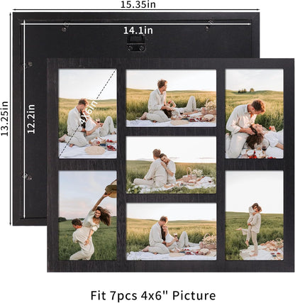 YESKAY 4x6 Picture Frame Collage for Wall Decor, Multiple Photo Collage Frames with Tempered Glass, 7-Opening for 4 x 6 Picture Frames, Rustic Brown, 1 Pack