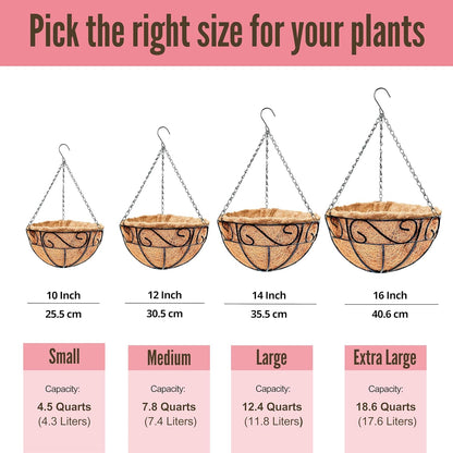 LaLaGreen Hanging Planter for Outdoor Plants (12 Inch, 2 Pack) Hanging Baskets with Coco Liner, Black Metal Wire Flower Basket Pots with Hook Hanger Balcony Porch Farmhouse Country Style Garden Decor