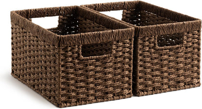 StorageWorks Wicker Basket, Baskets for Organizing, Storage Basket with Built-in Handles, Water Hyacinth Shelves (Medium 2-Pack, Natural Hyacinth)