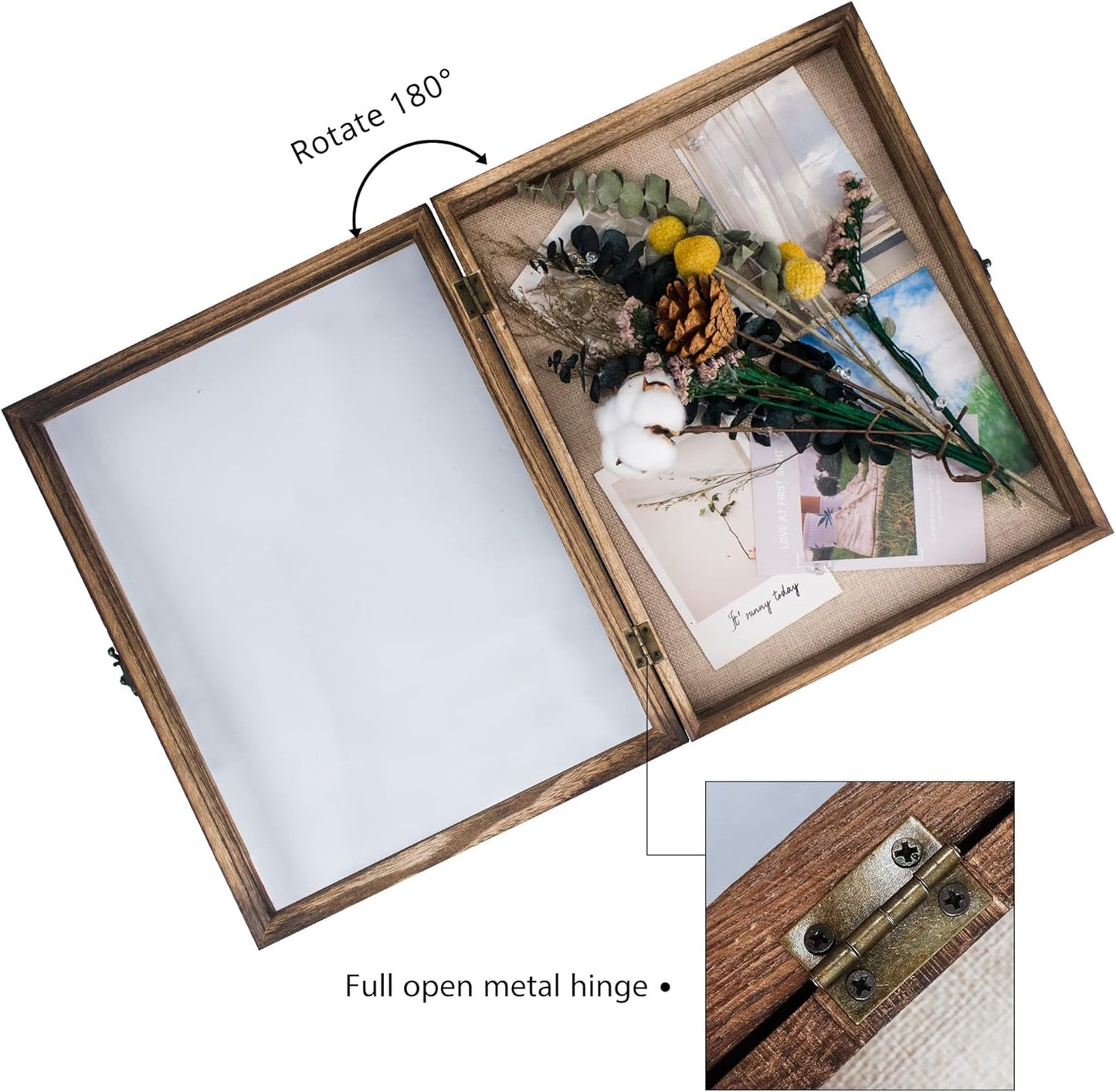 GraduationMall 13x16 Wood Shadow Box Frame Glass Door Display Case with Linen Back and 6 Stick Pins,1.5 inches Interior Depth,Ideal for Memorabilia Pictures Flowers Medals Tickets Rustic White