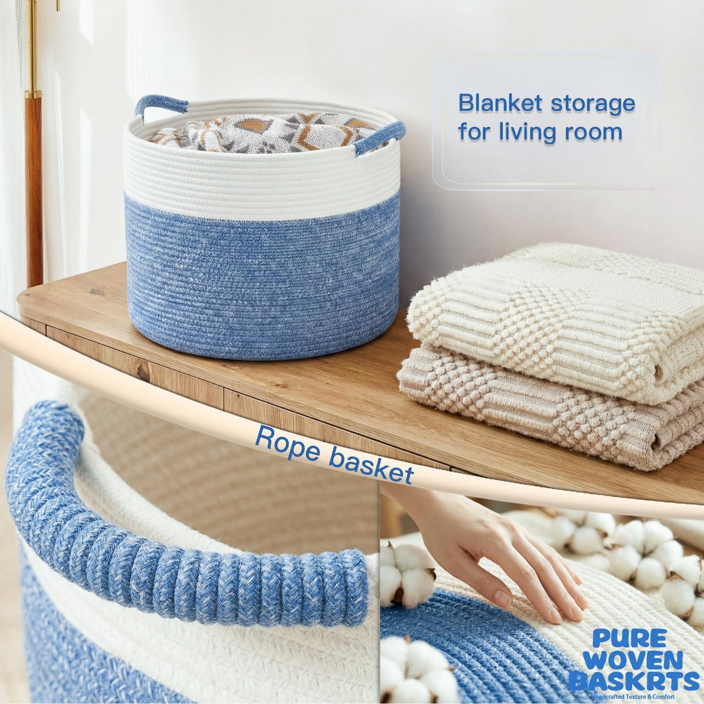 Artfeel 70L Large Cotton Rope Basket, Decorative Woven Blanket Storage for Living Room, Boho Toy Storage & Toy Box for Kids, Versatile Laundry Basket & Nursery Hamper for Blankets(Brown)