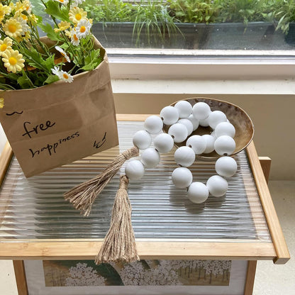 OMISHE Extra Large Wood Bead Garland with 1.6" Diameter Wooden Beads and Tassels, 41" Long Rustic Farmhouse Country Decorative Beads for Home Tiered Tray Decor, Natural Beige
