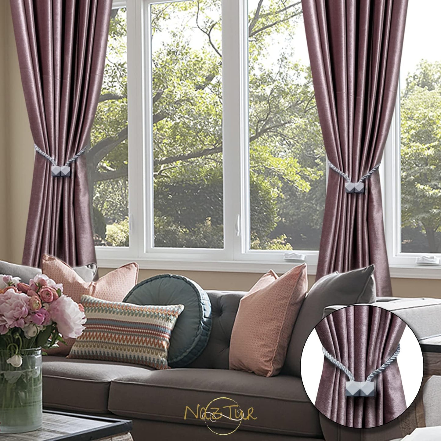 NazTur Magnetic Curtain Tiebacks- Upgrade 2022 with a Thicker Twist Rope & Strong Magnet Tieback Window Treatment Holdbacks Draperies Holders Decorative Drape Handmade Tie Back (Black, 2)