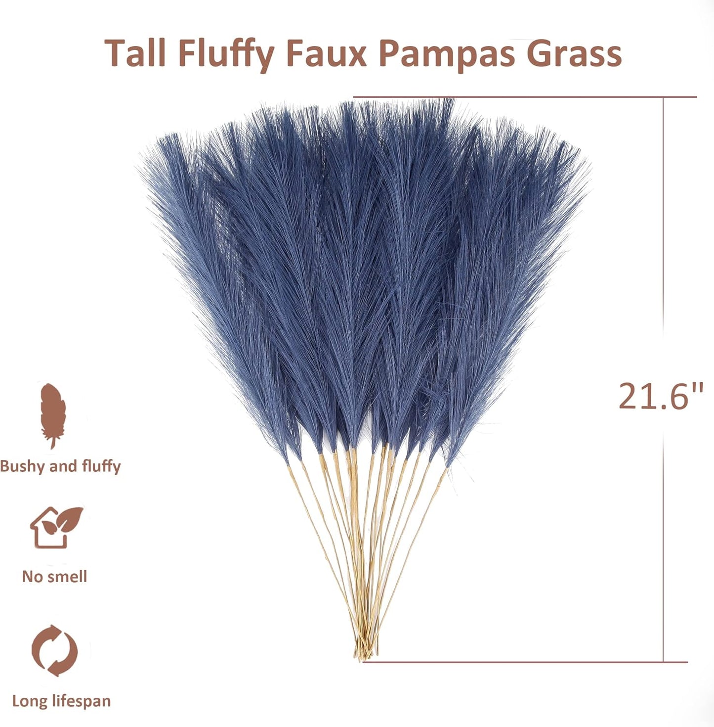 20Pcs Navy Blue Gradient and White Faux Pampas Grass Decor, 21.7"" Pompas Grass Flower Arrangement and Vase Filler for Boho Home Wedding Decoration, Black
