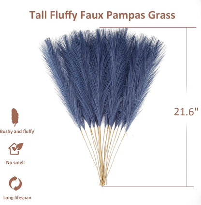 20Pcs Navy Blue Gradient and White Faux Pampas Grass Decor, 21.7"" Pompas Grass Flower Arrangement and Vase Filler for Boho Home Wedding Decoration, Black