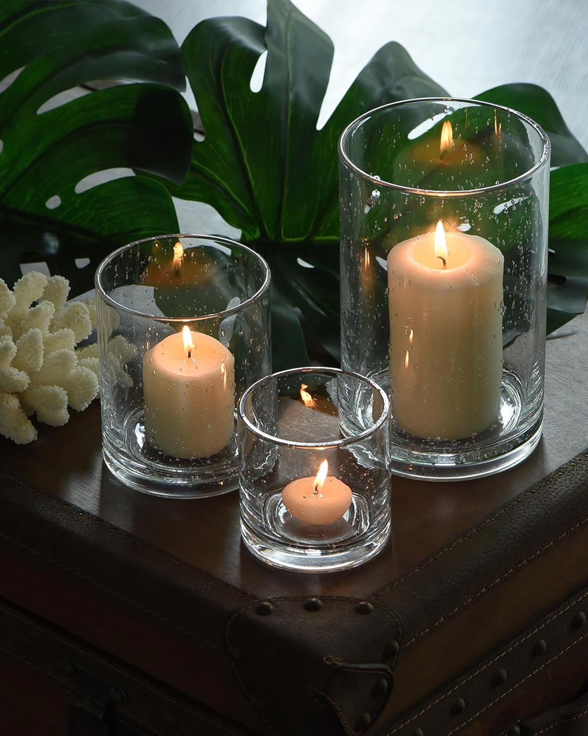 Glass Candle Holders Set, Hurricane Vase Centerpieces for Pillar Votive Flower,Clear Seeded Bubbles Cylinder Bulk, Mother's Day Birthday Gift,3 Sizes 8 Inch 5 Inch 3.5 Inch Height