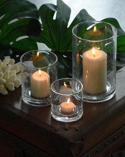 Glass Candle Holders Set, Hurricane Vase Centerpieces for Pillar Votive Flower,Clear Seeded Bubbles Cylinder Bulk, Mother's Day Birthday Gift,3 Sizes 8 Inch 5 Inch 3.5 Inch Height