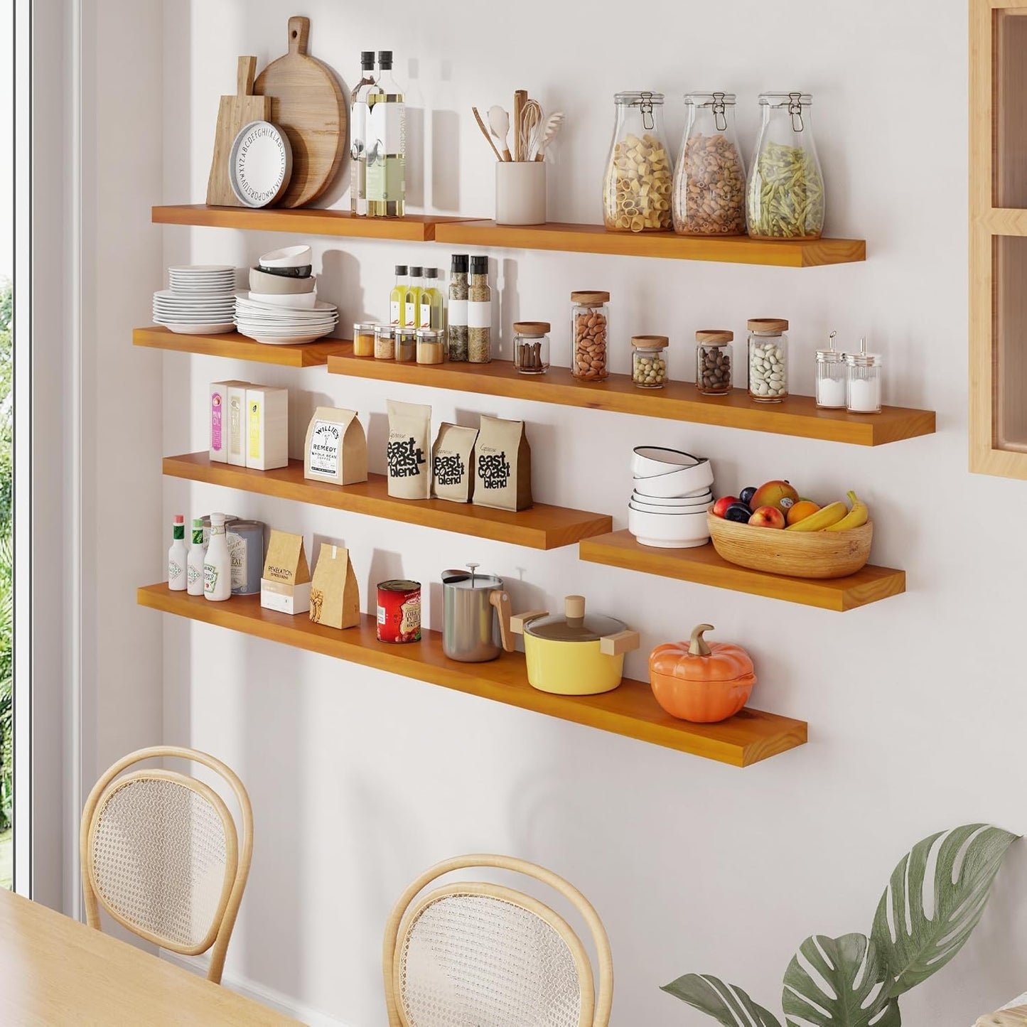 Floating Shelves 36 Inches Long - 8 Inch Deep Rustic Premium Solid Pine Wood for Storage - Farmhouse Wall Mounted for Living Room - Heavy-Duty Metal Bracket - 36" W x 8" D - Set of 2 - White Color