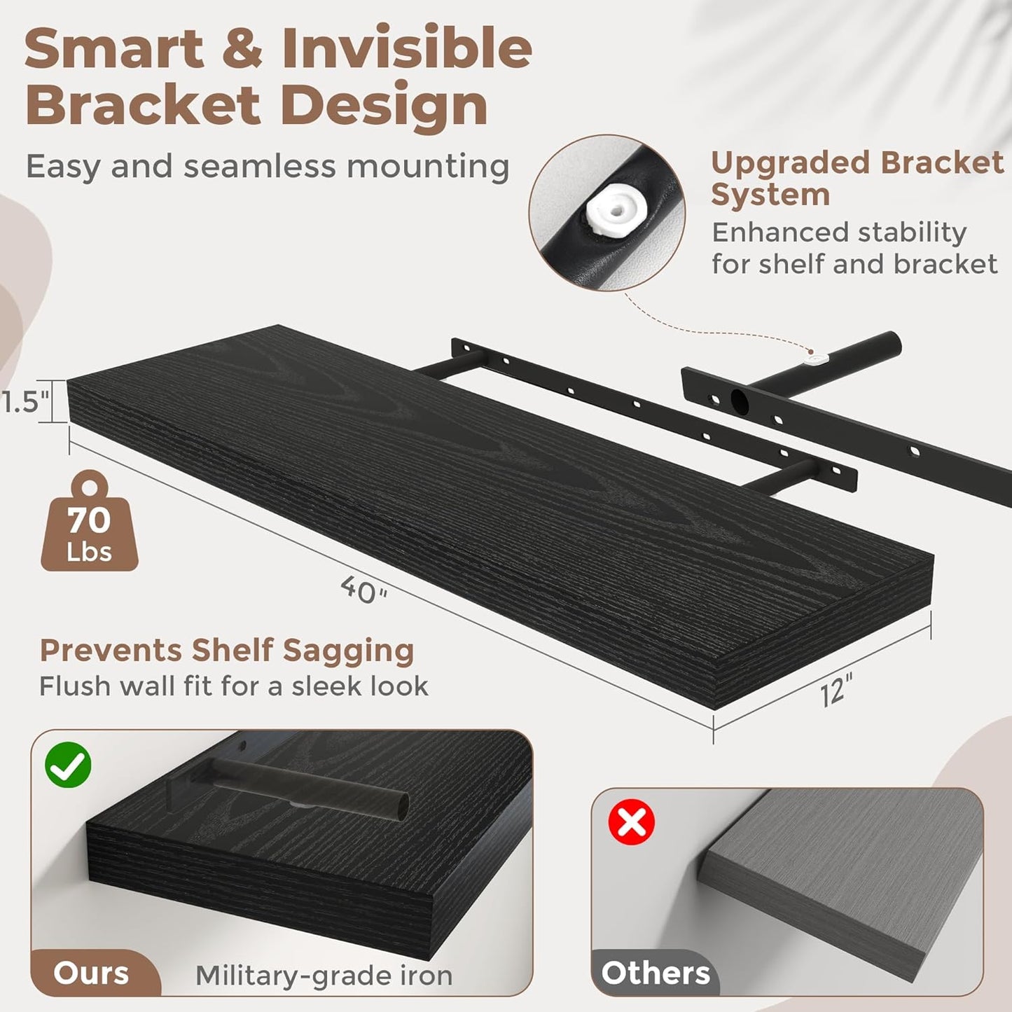 72 Inch Long Floating Shelves for Wall Set of 2, 12"D Wood Grain Bathroom Shelves with Invisible Brackets, Easy Install Engineered Wood Storage Shelves for Kitchen, Living Room, Bedroom, Black Finish
