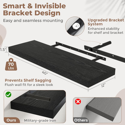 72 Inch Long Floating Shelves for Wall Set of 2, 12"D Wood Grain Bathroom Shelves with Invisible Brackets, Easy Install Engineered Wood Storage Shelves for Kitchen, Living Room, Bedroom, Black Finish