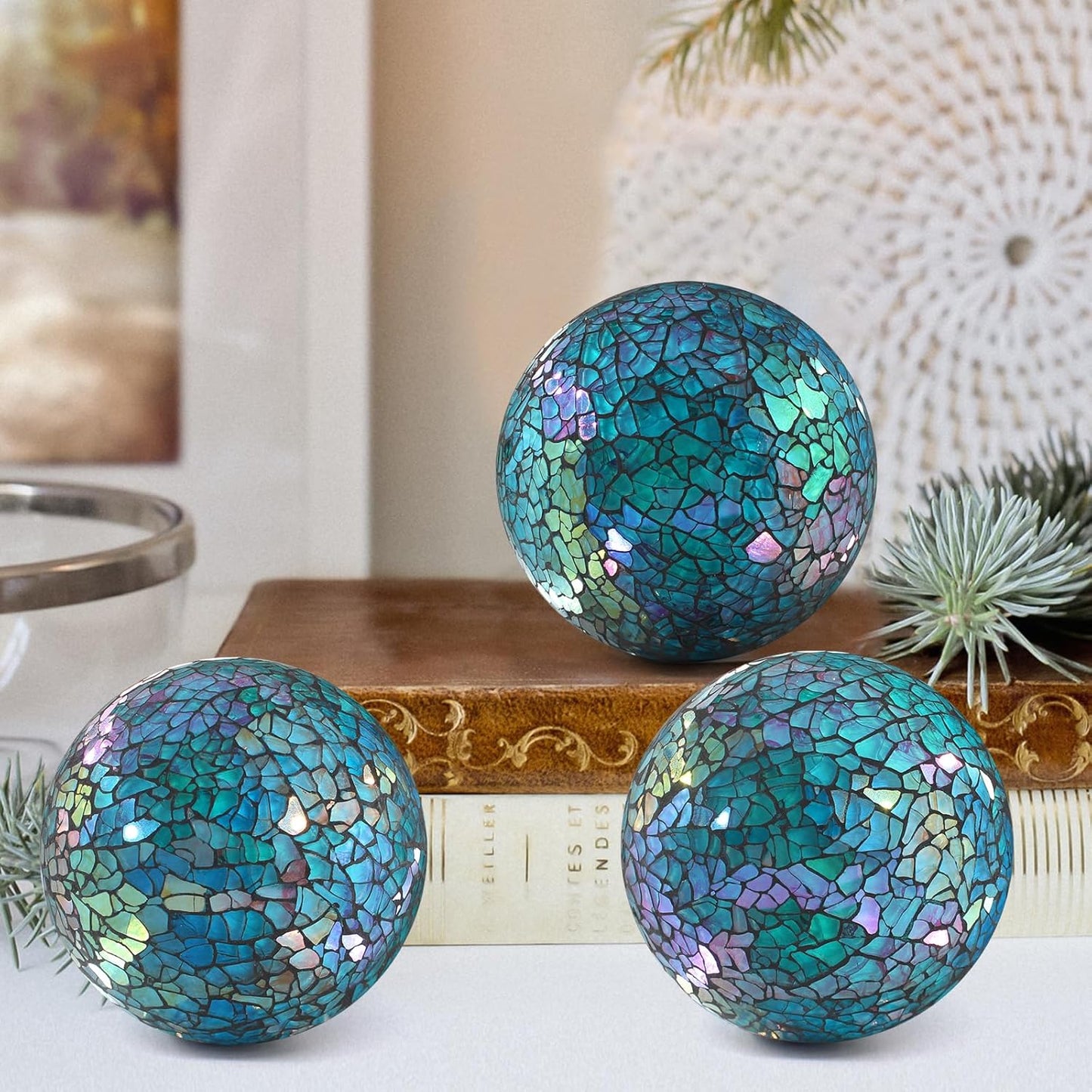 3Pcs Mosaic Glass Orbs Decorative Balls Set 8.5cm/3.35inch Blue Sphere Wedding Party Home Decor Table Centerpiece