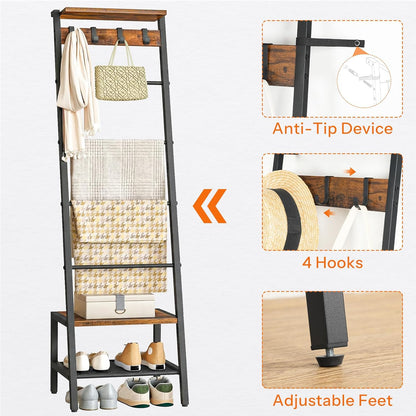 HOOBRO Blanket Ladder, 7-Tier Giraffe Shape Towel Rack for Living Room and Bedroom, 63.4" H Decorative Ladder Shelf with Hooks, Metal Frame, Industrial Style, Rustic Brown and Black BF13CJ01