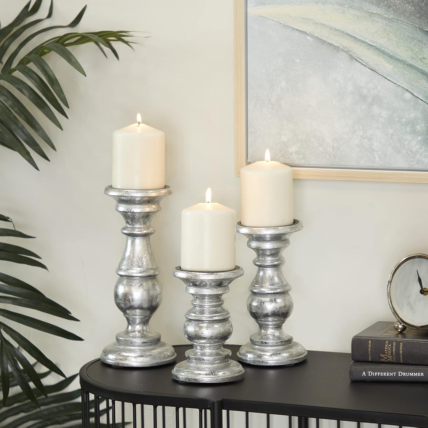 Deco 79 Mango Wood Decorative Candle Holder Distressed Turned Pillar Candle Stand, Set of 3 Candlestick Holder 6", 8", 10"H, Light Blue