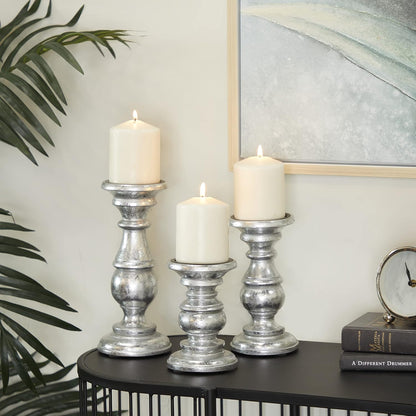Deco 79 Mango Wood Decorative Candle Holder Distressed Turned Pillar Candle Stand, Set of 3 Candlestick Holder 6", 8", 10"H, Light Blue