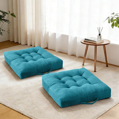 Floor Pillow Dark Grey Washable Floor Sitting Cushions 18x18 Inch 2-Pack, Meditation Yoga Pillows for Sitting on Floor Tufted Corduroy Seat Pads with Handle for Office Dining Room Seats