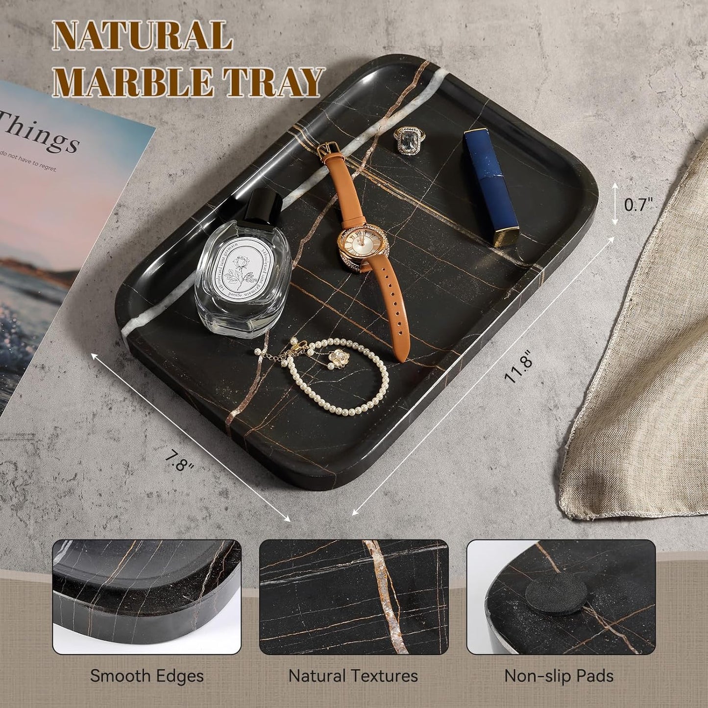 Koville Romano Travertine Tray, 12"x8" Natural Stone Vanity Tray for Countertop Bathroom Kitchen Dresser, Decorative Marble Catchall Trays for Perfume Jewelry, Rectangular Serving Tray(Beige)